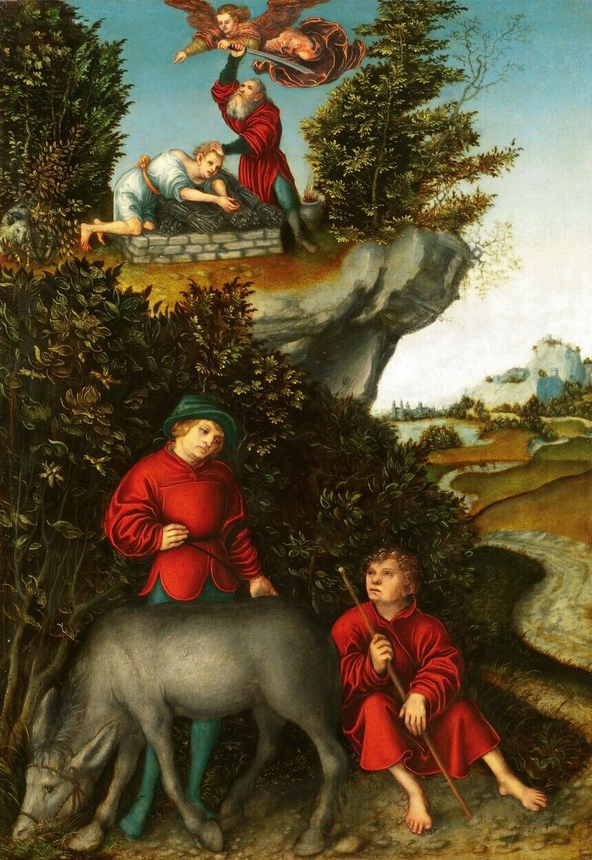 The sacrifice of Abraham: An angel restraints Abraham from sacrifycing Isaac; the servants wait at the foot of the mountain  (Genesis 22:10-12), Lucas Cranach the Elder